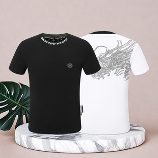 百搭修身 pp男装 短袖 梵文织带领口金属装 夏季 饰皮标烫钻龙短袖 新款