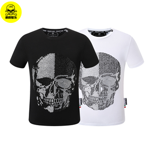 pp骷髅头烫钻短袖 新款 T恤男装 菲利普修身 圆领纯 夏季 潮流半袖 时尚