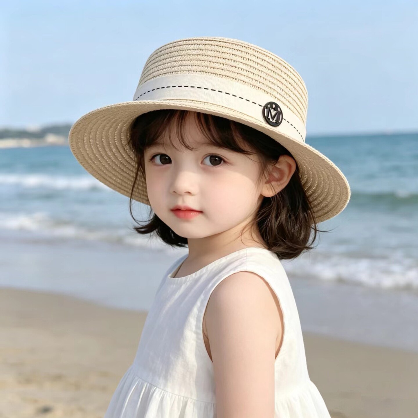 儿童草帽亲子款夏季女童遮阳帽户外平顶太阳帽小孩英伦风小草帽子