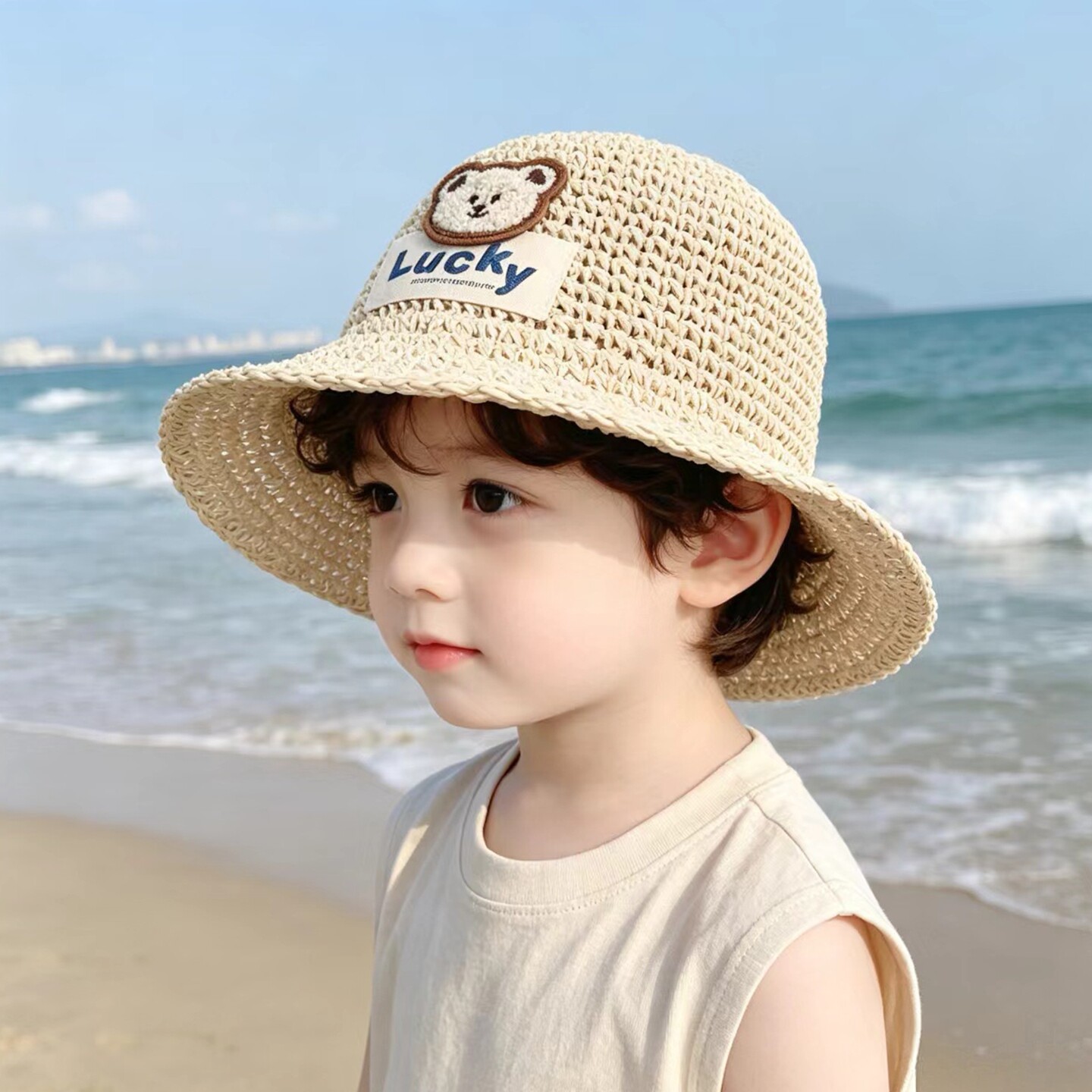 儿童帽子男孩夏季遮阳草帽户外海边沙滩大帽檐防晒帽可折叠太阳帽