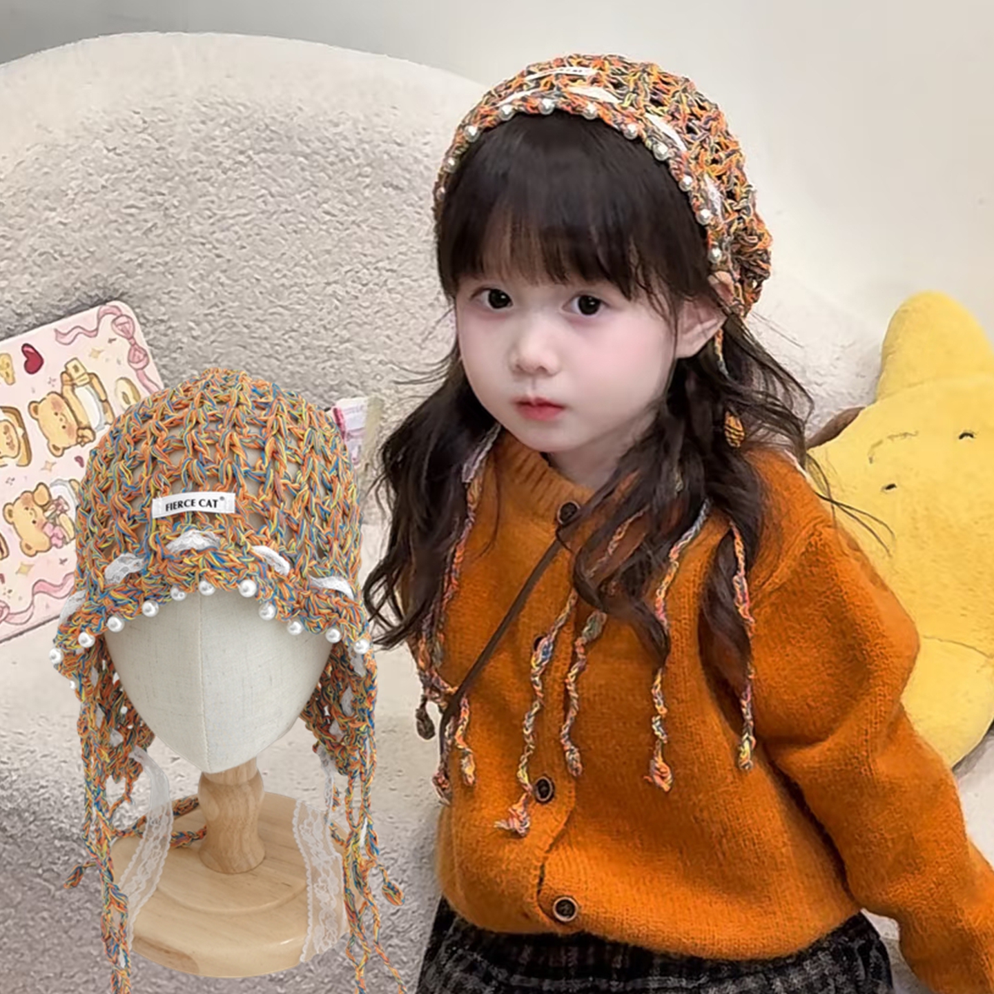 儿童帽子彩色镂空针织帽春秋季新款2025女童包头帽多巴胺色透气帽
