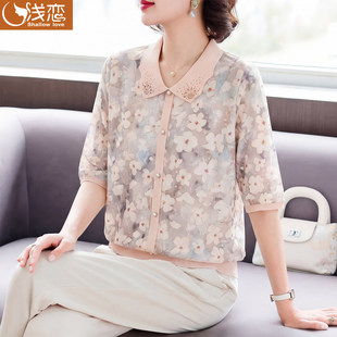 妈妈休闲薄款短袖T恤中年女装夏装翻领上衣服中老年老妈花色小衫