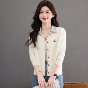 撞色假两件针织开衫女春秋薄款高级感毛衣外套