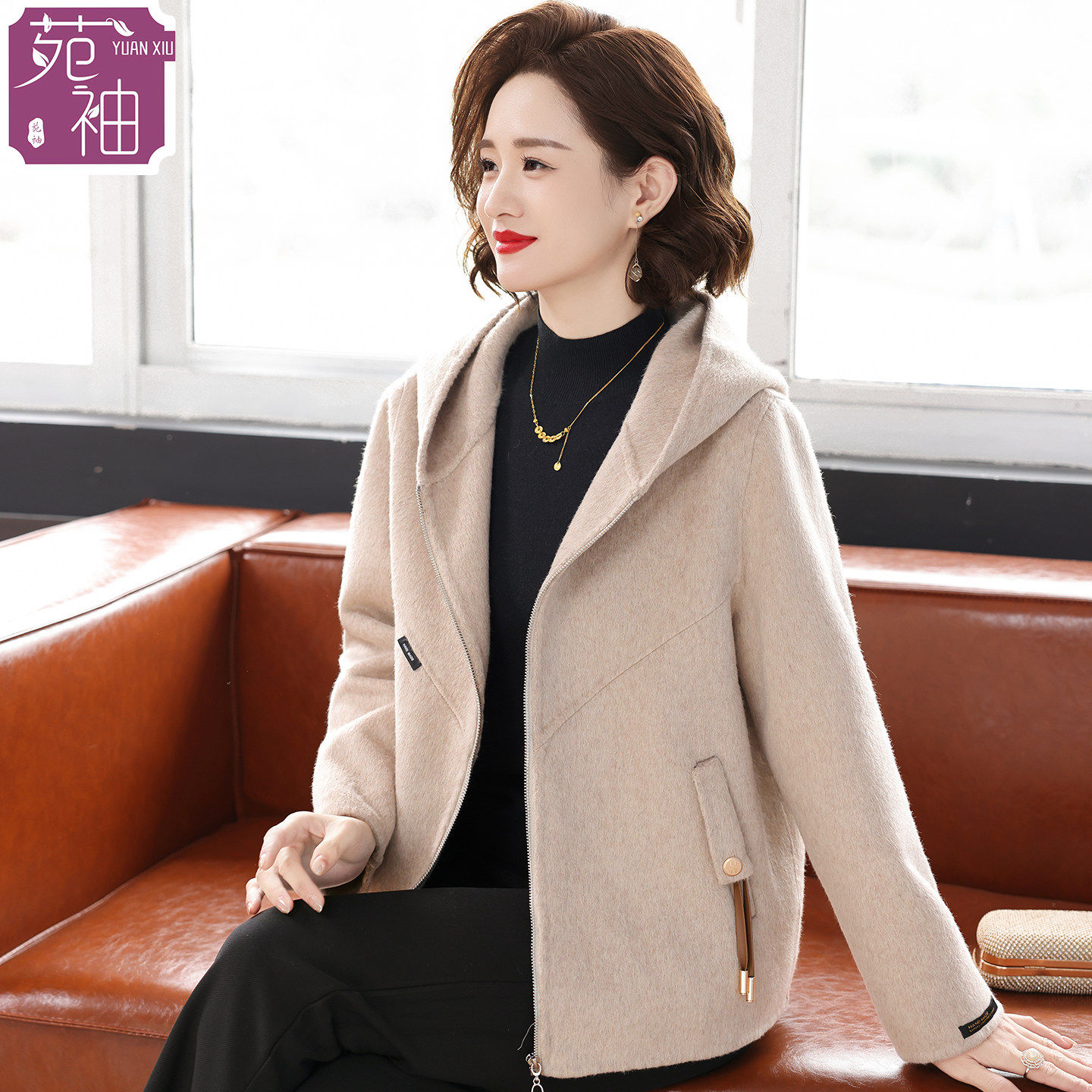 时尚春装双面呢外套女妈妈款春秋季气质开衫洋气减龄短款毛呢大衣