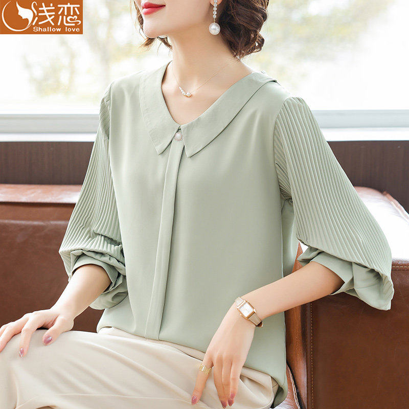 新款妈妈洋气雪纺上衣中年女装春秋装长袖T恤中老年夏装短袖衬衫