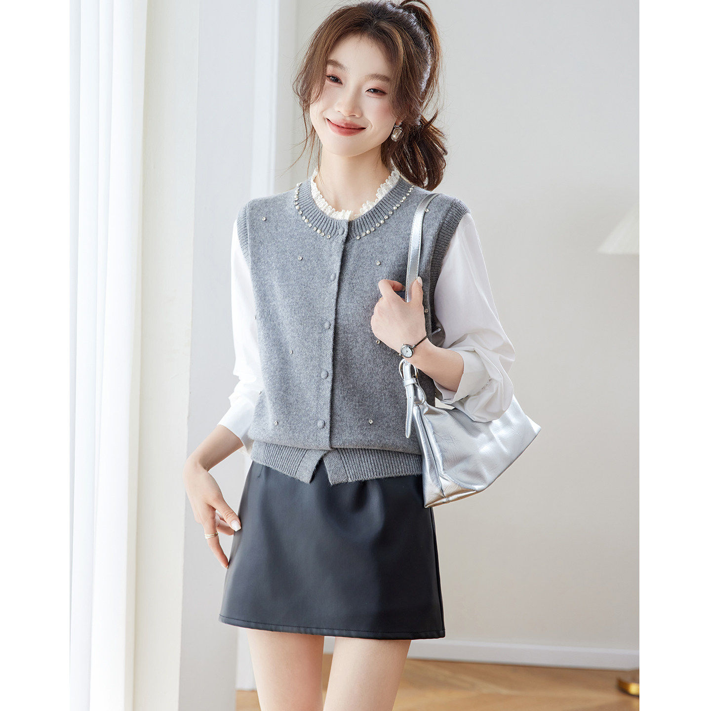 高级感假两件灰色针织开衫女春秋季2026新款小个子拼接毛衣外套薄