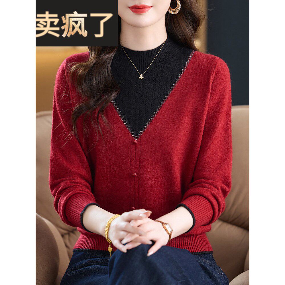 妈妈红色毛衣女秋冬季衣服2025新款中老年冬装半高领内搭打底小衫