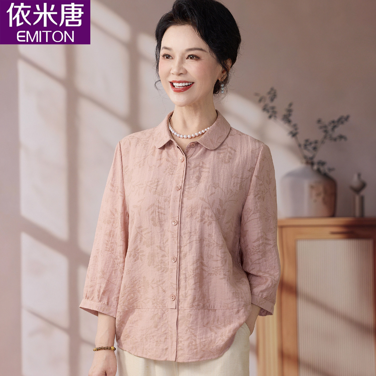 妈妈夏装亚麻衬衫休闲中