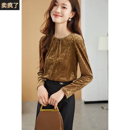 2025新款法式经典圆领金丝绒T恤秋装宽松时尚复古打底衫上衣女装