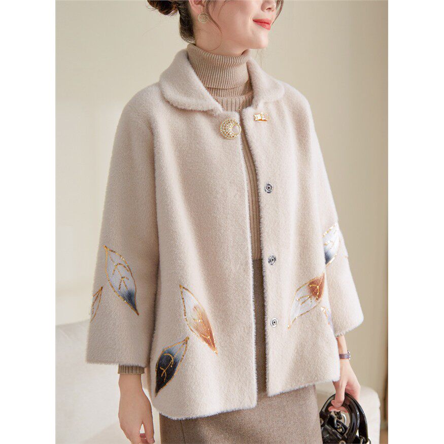 喜卉洋气妈妈秋冬彷水貂绒外套40岁50中年女秋装短款针织开衫上衣