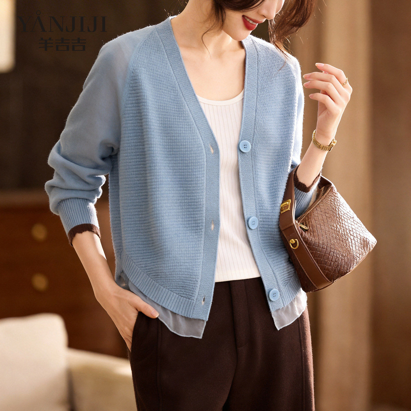 V领针织开衫女薄款妈妈春装外套洋气高级感蕾丝边小披肩夏季外衣