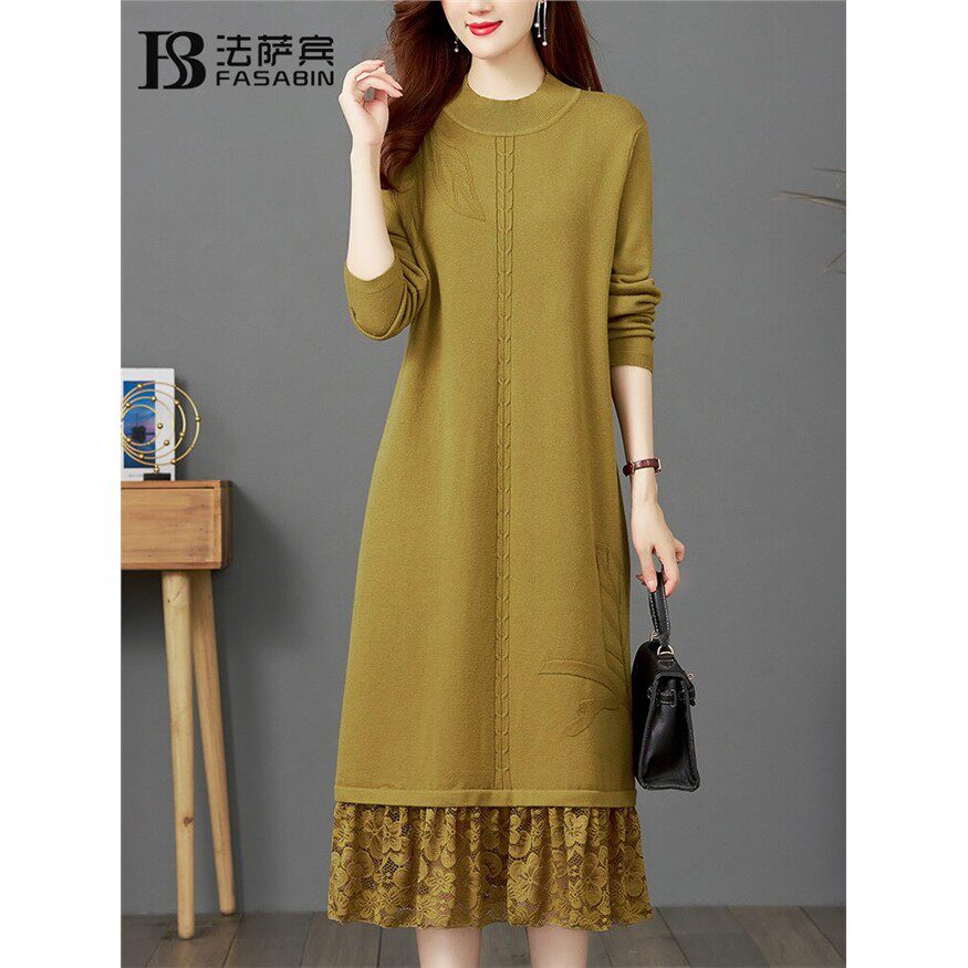 秋冬新款蕾丝边中长款羊毛连衣裙打底衫女士厚毛衣裙宽松针织内搭