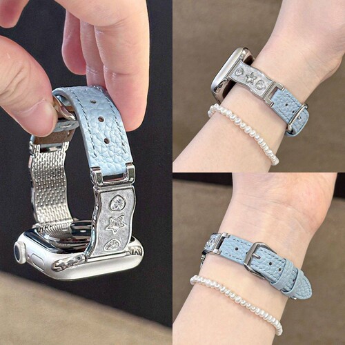 适用苹果iwatchs11表带爱心镶钻皮质s10手表腕带女生半镯智能运动applewatch9保护壳8/7/se金属高级真皮配件