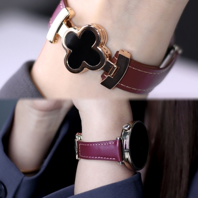 适用三星手表Watch7表带真皮磁吸扣GalaxyWatch6幸运四叶草皮质5PRO/4腕带秋冬天4classic女生GearS2/S3配件