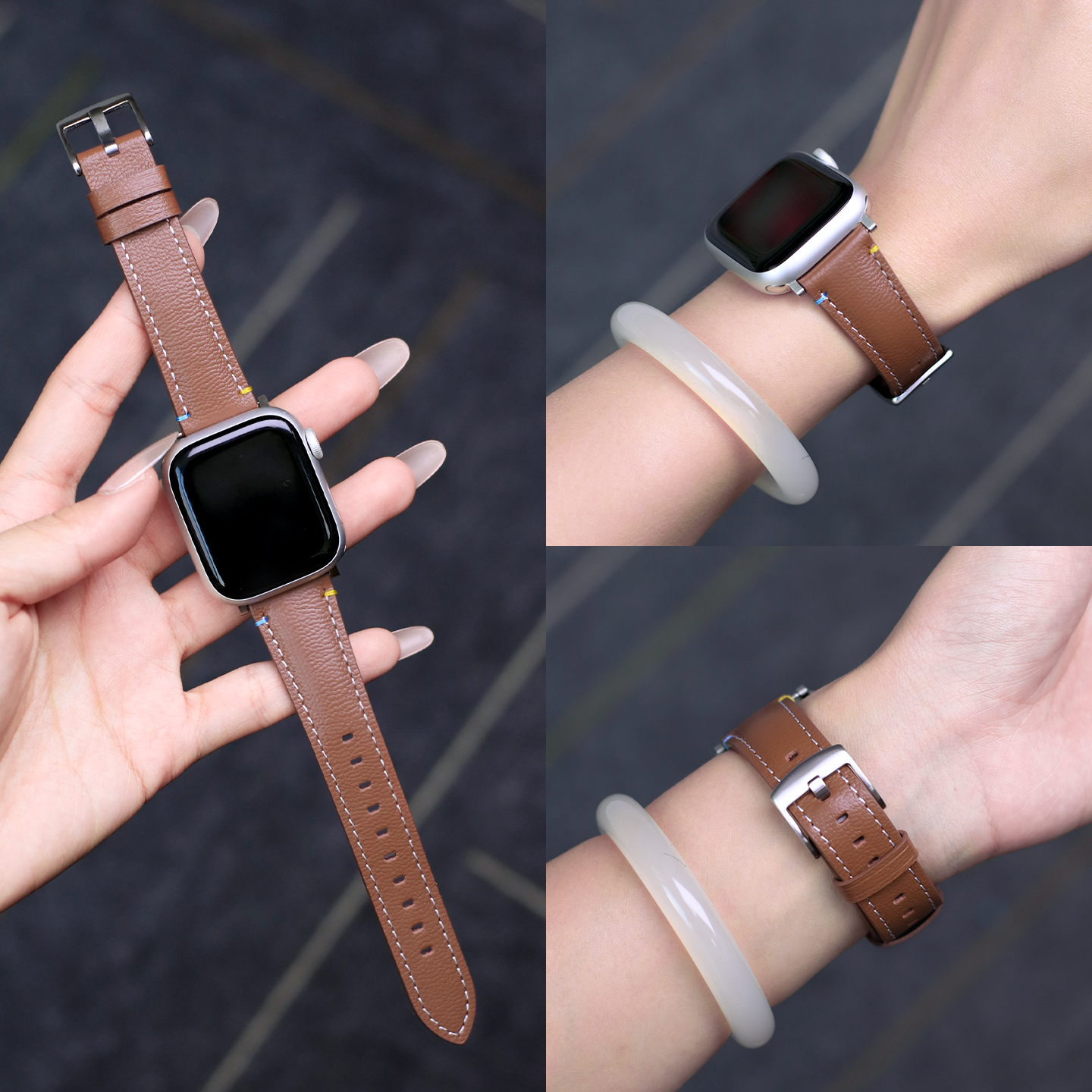 锁线小羊皮适用苹果S11手表iwatch10表带真皮智能运动applewatch9腕带S8新款S7秋冬ultra男女生SE3高级感配件
