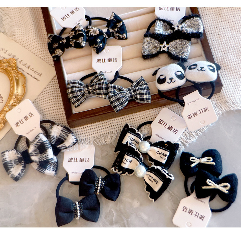 手作黑色小香风儿童发夹格子蝴蝶结小女孩皮筋熊猫国宝宝头绳发圈