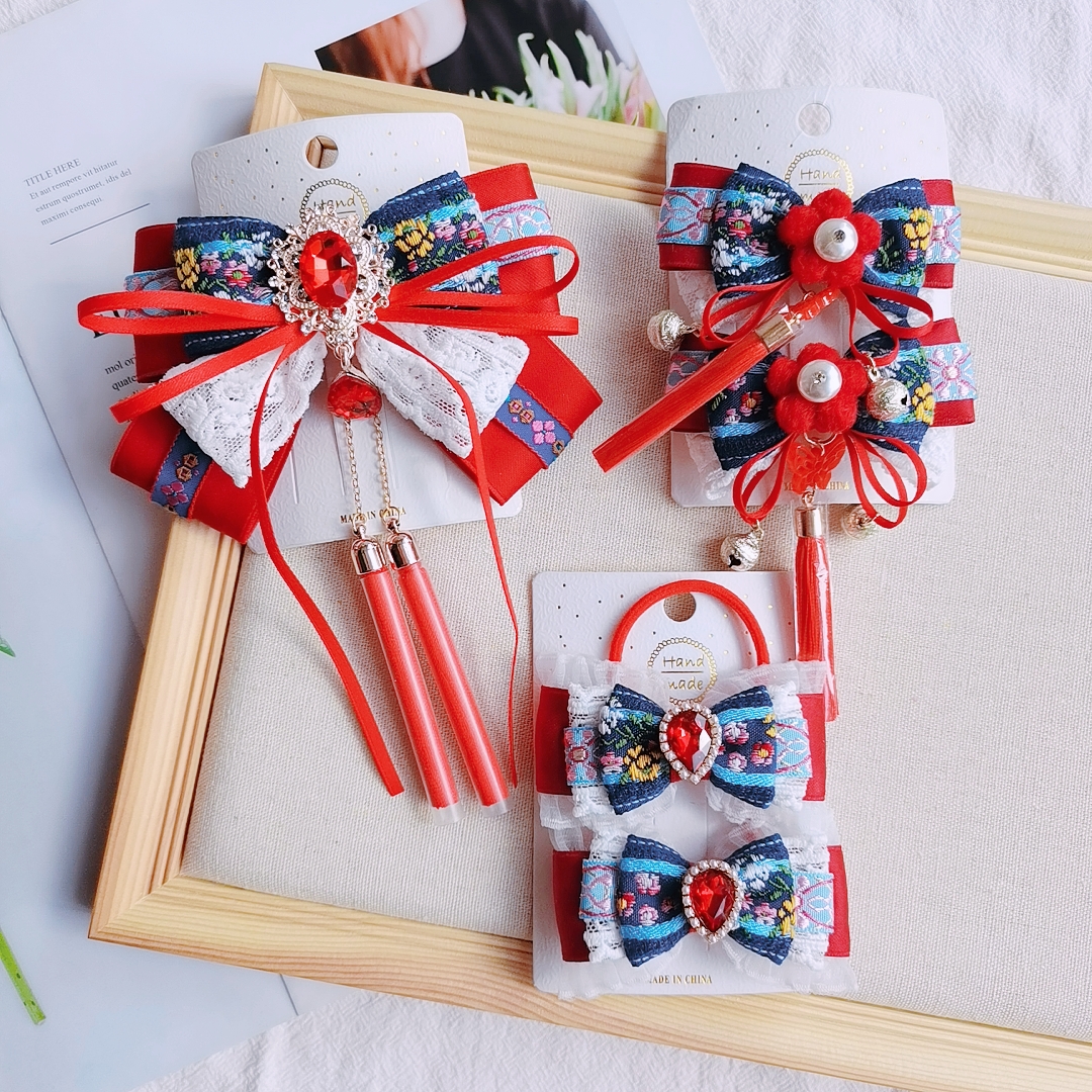 手作中国古风新年红色汉服发夹