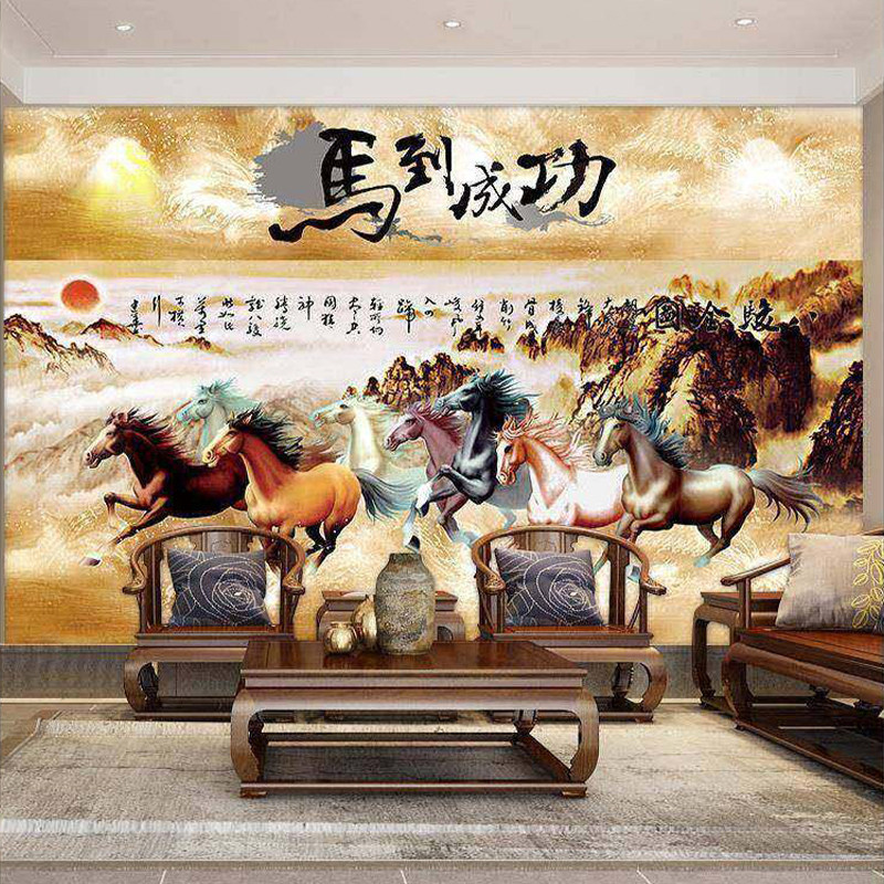 八骏图3D立体新中式墙布客厅沙发电视背景墙壁纸马到成功定制壁画,家装主材,定制壁画,淘宝优惠券,粉丝福利购,淘宝优惠卷