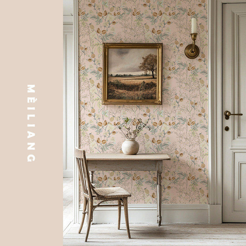 淡粉色碎花壁纸法式中古风客厅餐厅卧室墙纸卧室背景墙布美式田园,家装主材,定制壁画,淘宝优惠券,粉丝福利购,淘宝优惠卷