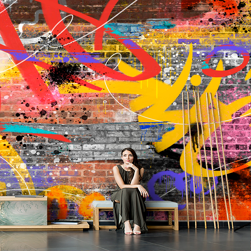 美式抽象涂鸦墙布彩色壁纸潮玩街头艺术风背景墙客厅定制装饰壁画图片