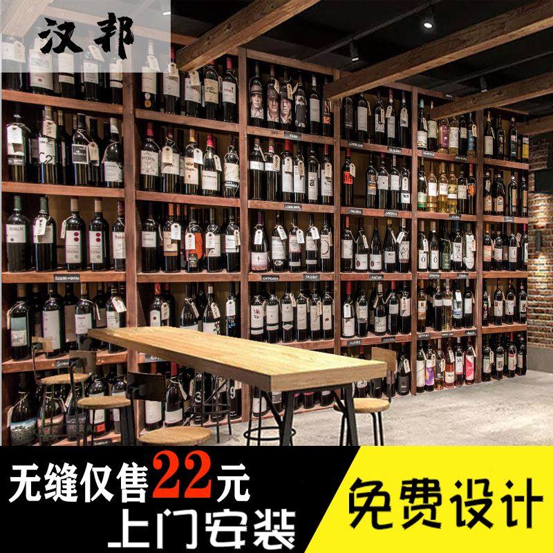 欧美风红酒酒瓶木酒架背景墙纸酒吧酒庄形象墙壁纸红酒馆装修墙布
