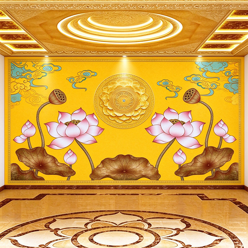 荷花莲花佛堂中堂壁画供奉背景墙定制祥云墙画黄色墙布壁纸