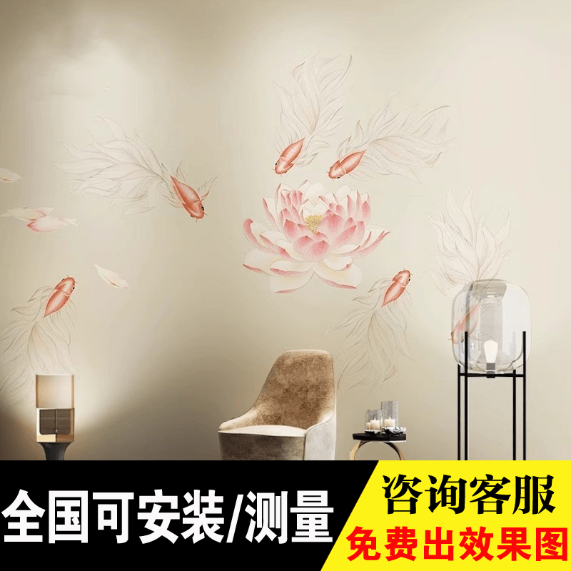 新中式意境水墨刺绣壁布茶室墙纸墙布客厅电视背景墙莲花壁画壁纸