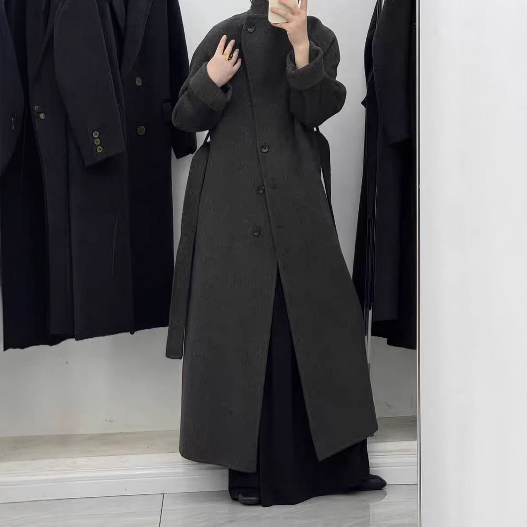 2025秋冬新款设计感立领斜门襟双面羊毛大衣长款系带高端显瘦外套