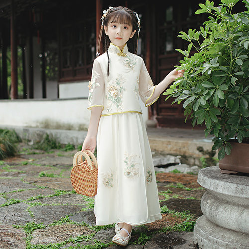 民国风汉服女童秋季古装中国风儿童短袖两件套超仙小女孩唐装夏款