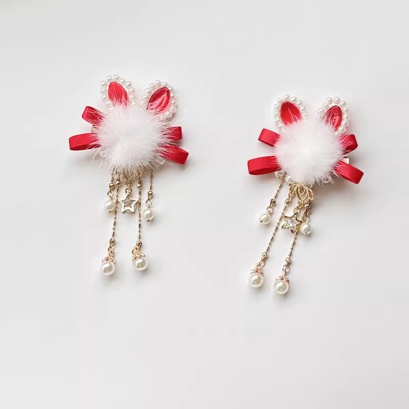 中国风汉服毛球新年发夹冬季兔耳朵毛绒对夹日常头饰古风流苏边夹