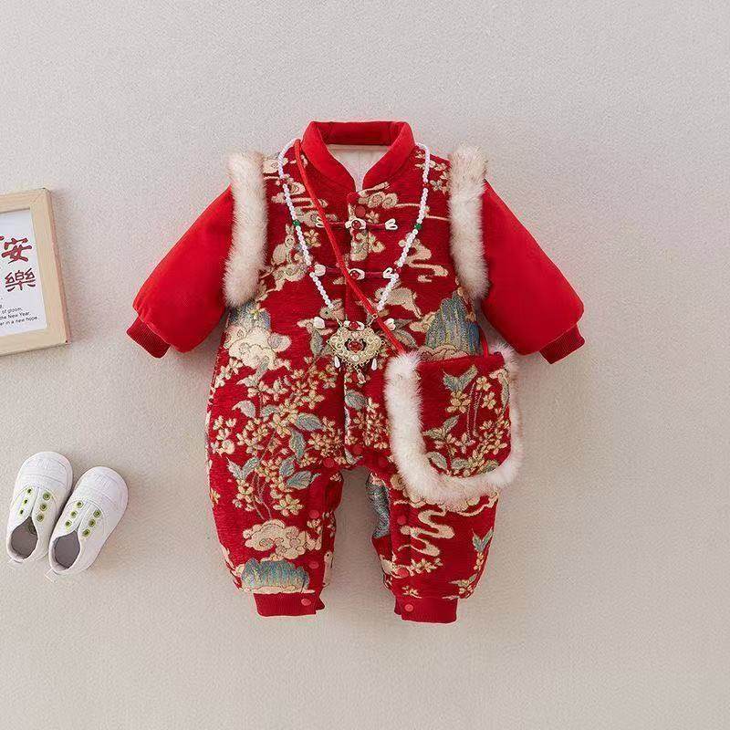 新生婴儿冬季中国风连体棉衣男女宝宝超萌可爱兔子斜开唐装连体衣