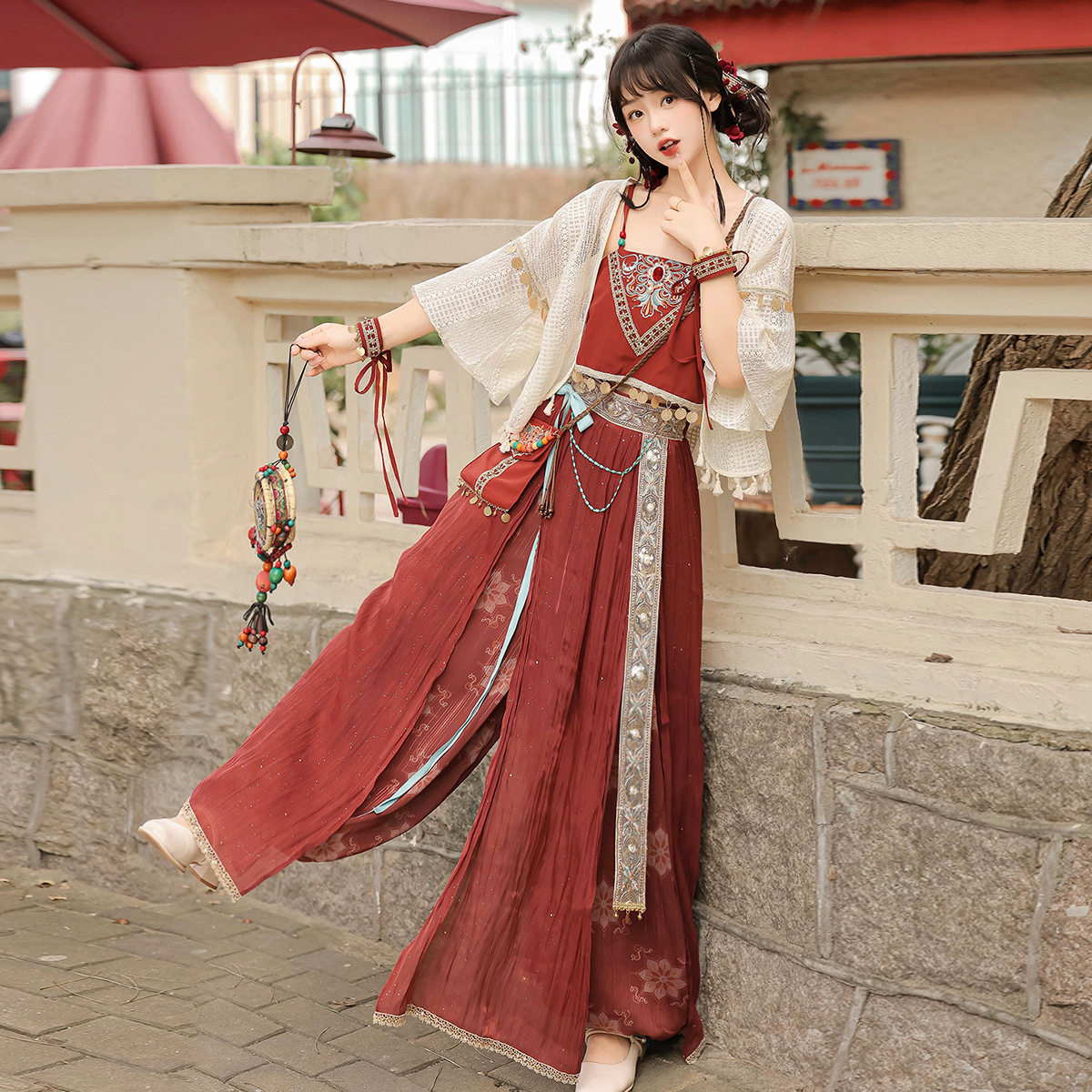 原创鎏光印鸩纱汉服女敦煌风外披吊带手袖裤子包包套装新中式绸缎