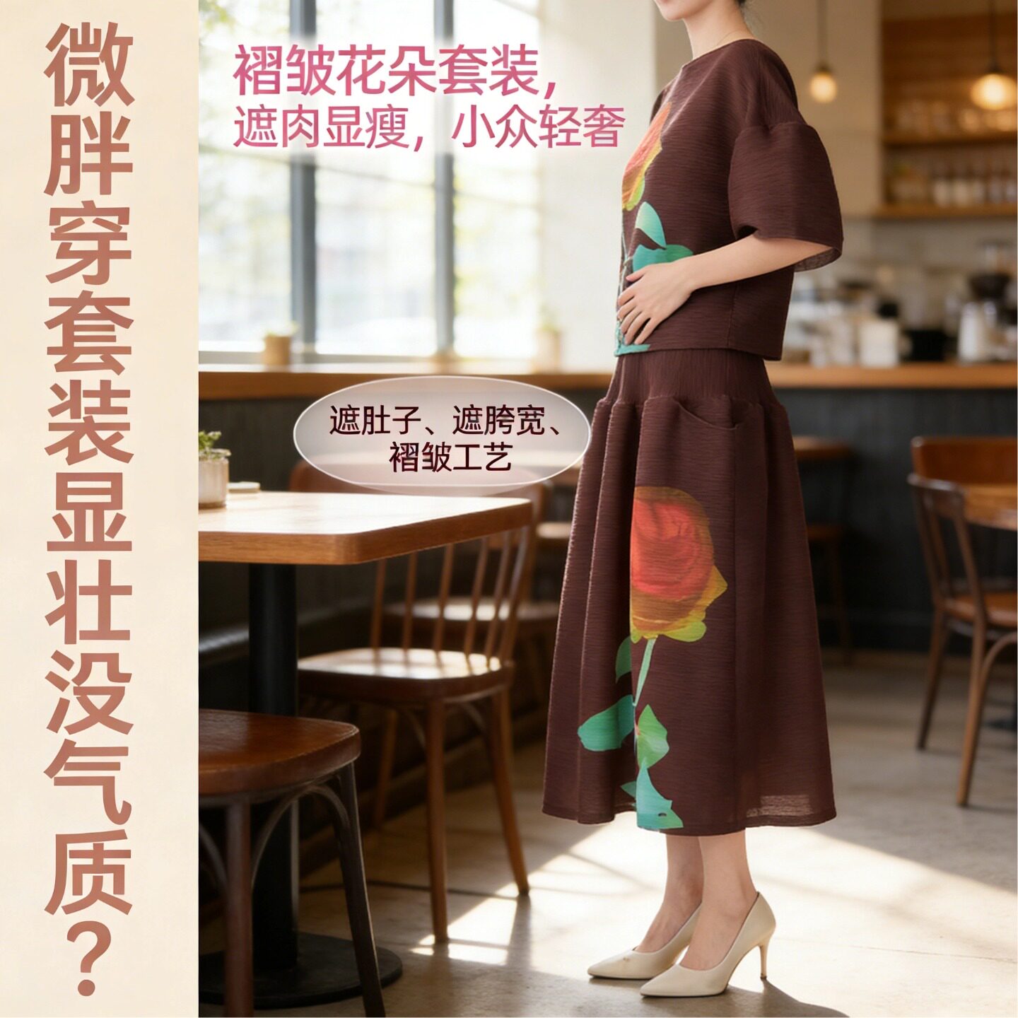 微胖女生上衣高级感梨型身材大码宽松印花基础款热卖休闲两件套潮