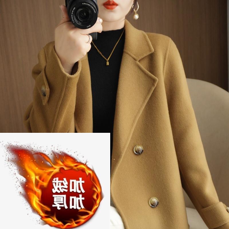 反季清仓商场同款加绒加厚毛呢大衣女短款秋冬小个子西装领毛呢子