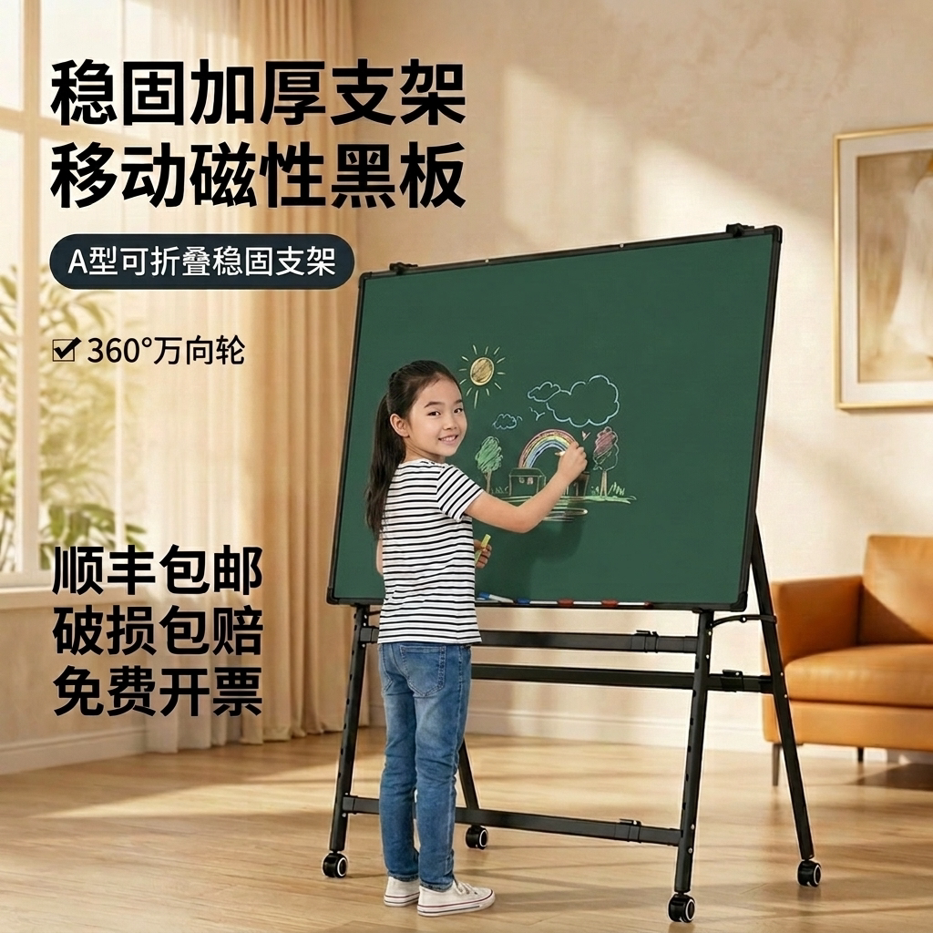 易博黑板写字板支架式白板带轮可移动折叠家用教学培训办公会议双面磁吸儿童小黑板移动磁性小白板可擦写画板图片
