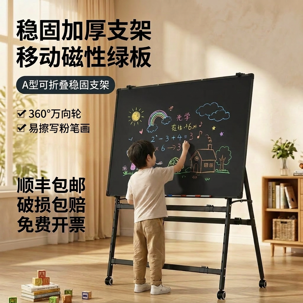 易博可折叠黑板可移动支架式白板磁性办公教学培训写字板儿童家用大绿板可擦双面留言板移动黑板工厂车间看板图片