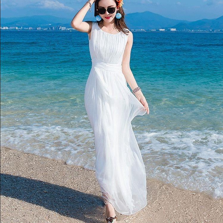 338.20元包邮雪纺白色连衣裙长裙女拼接无袖背心裙超仙海边渡假波西米亚沙滩裙