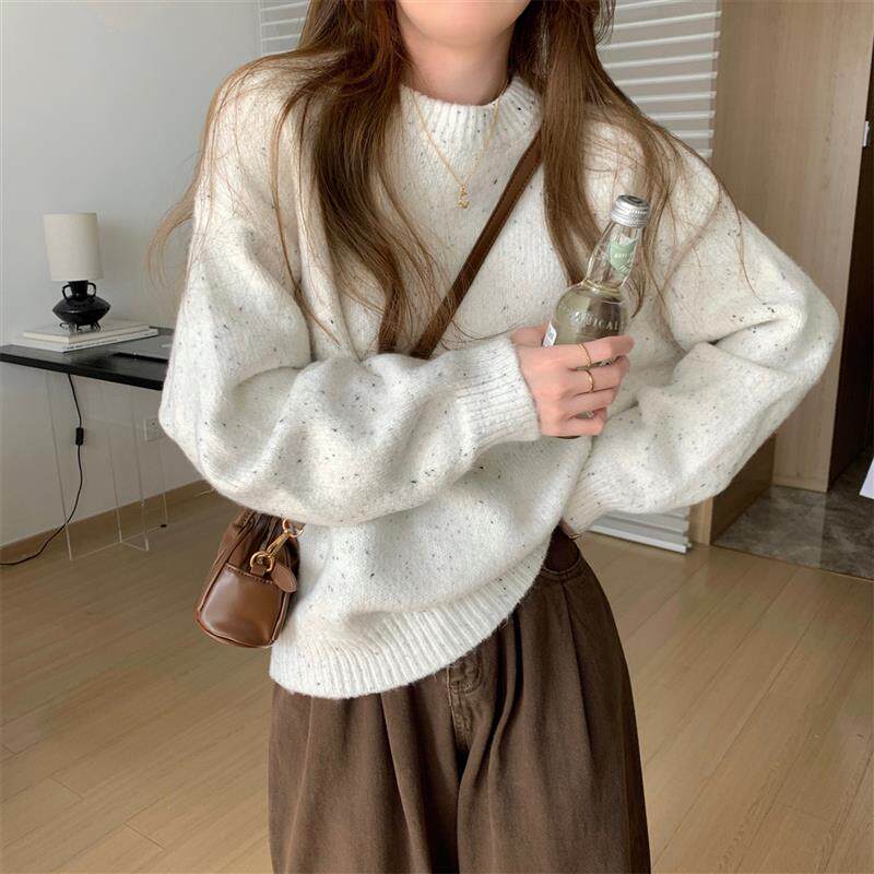 2023秋冬韩版圆领宽松套头叠穿设计感软糯慵懒风北极绒针织女毛衣