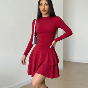 欧美时尚修身长袖连衣裙2026新款外贸辣妹荷叶边中裙女