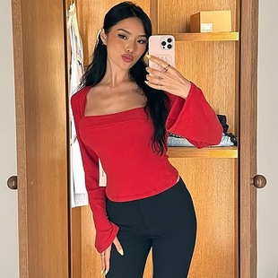 新品 2025秋季 性感方领打底衫 修身 T恤上衣 法式 纯色喇叭袖 热销女装