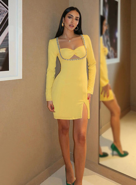 WQ25293秋季2025新款 欧美时尚气质镂空镶钻领口长袖A摆连衣裙女