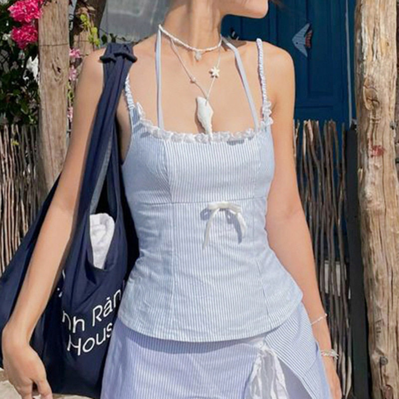 欧美法式风2024夏季女装仙气蕾丝拼接蝴蝶结收腰显瘦条纹背心