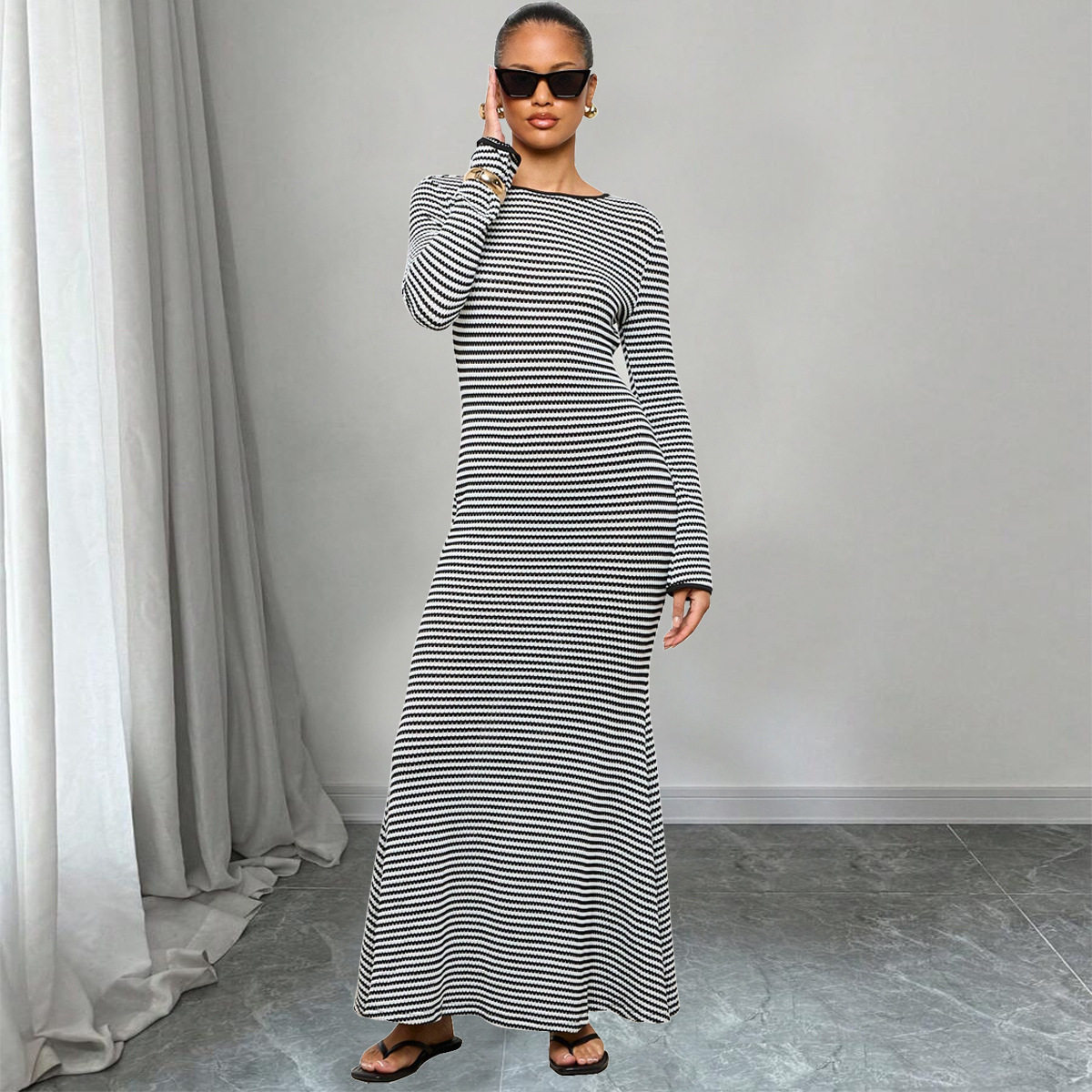 42199dbg专供2025秋季新品修身弹力条纹圆领欧美鱼尾连衣裙女
