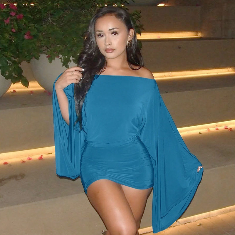 欧美风外贸女装性感设计感一字肩蝙蝠大袖纯色紧身包臀连衣短裙女