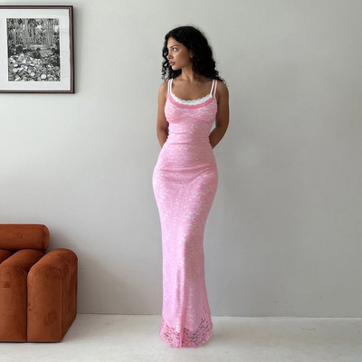 欧美性感纯欲风修身显瘦包臀撞色双层蕾丝吊带连衣裙长裙女夏季