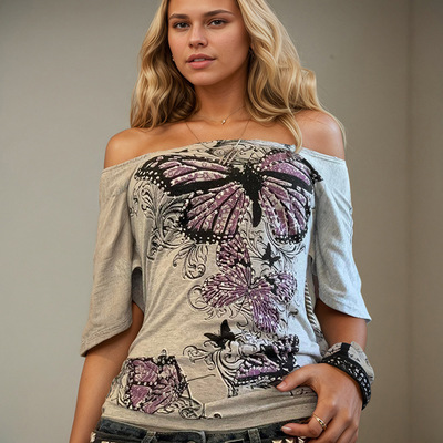 Y2K千禧辣妹蝴蝶印花露肩T恤2025夏季缩褶收腰短款宽松休闲上衣女