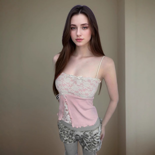 性感纯欲风甜美少女感蕾丝拼接开叉撞色抹胸背心辣妹百搭显瘦