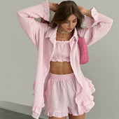 套装 新款 荷叶边宽松休闲长袖 抹胸三件套2026春季 短裤 欧美女装