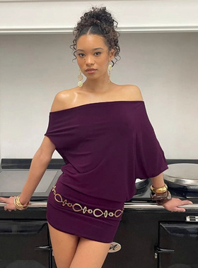 欧美辣妹风设计感两穿蝙蝠袖性感紫色连衣裙女夜店风露肩包臀