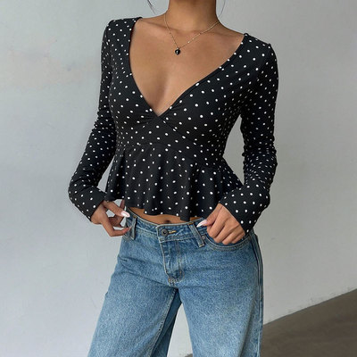 欧美风复古波点V字领收腰长袖T恤女轻熟气质辣妹修身显瘦打底上衣